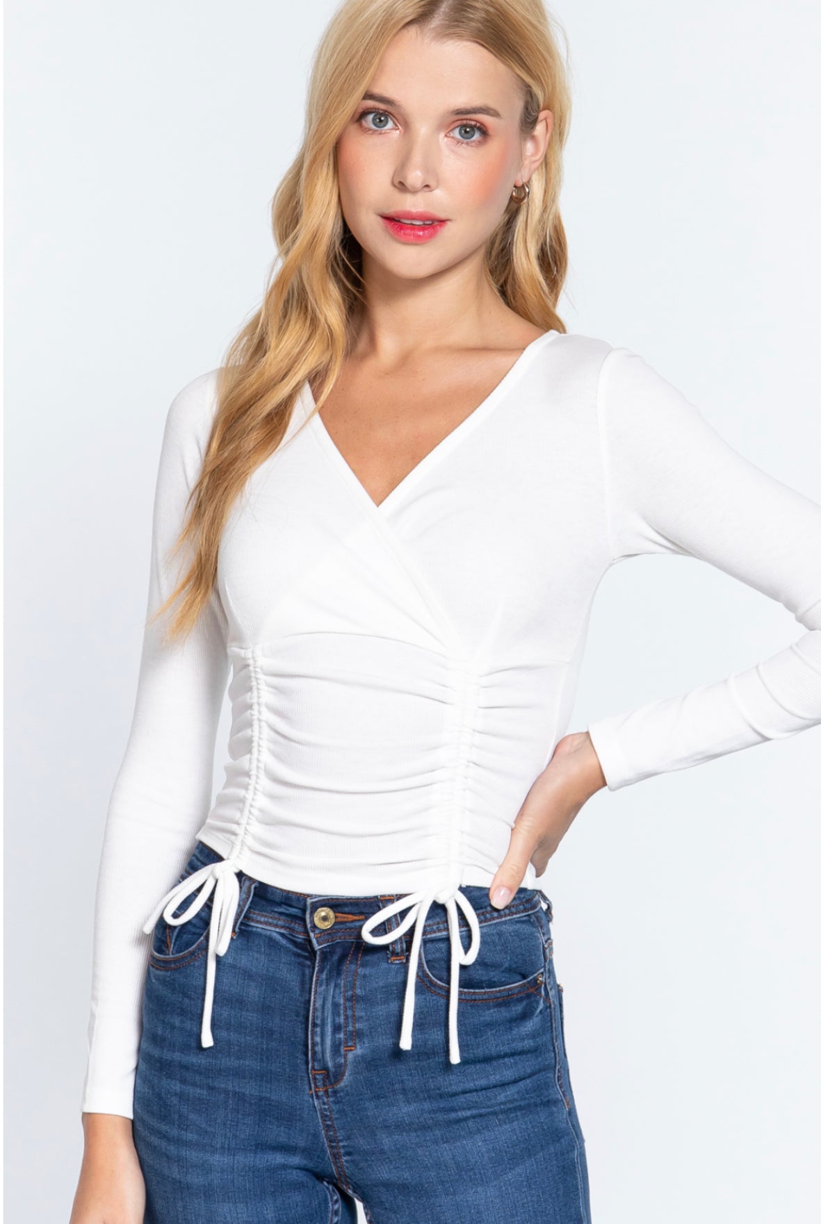 LONG SLEEVE FRONT SURPLICE AND RUCHED DETAIL RIB KNIT TOP