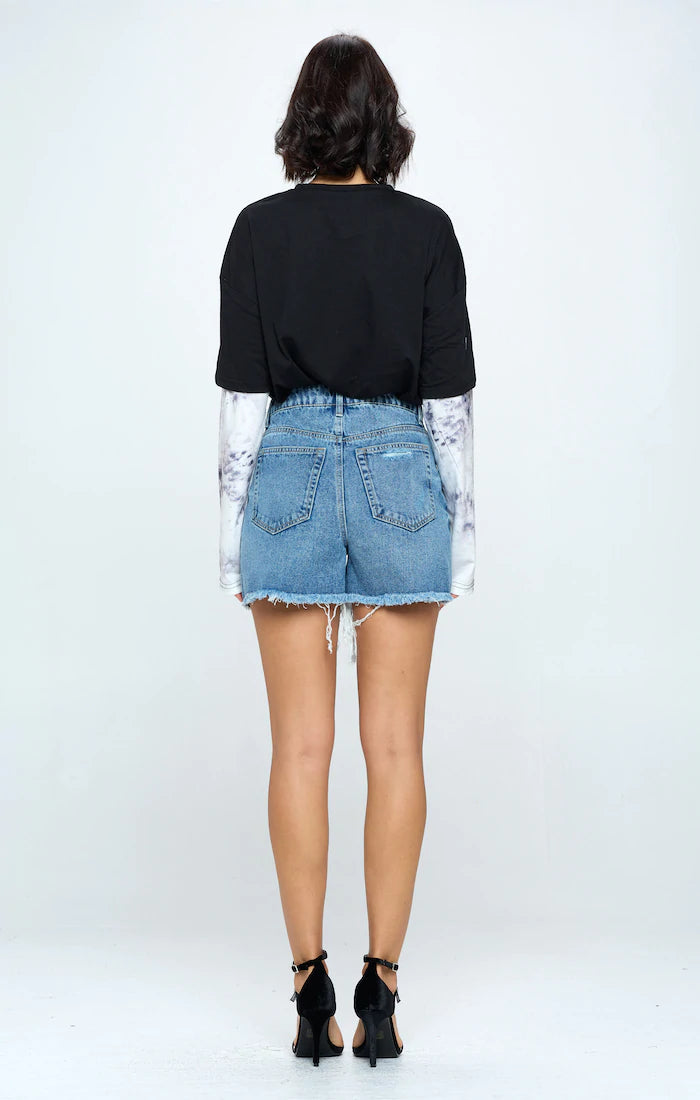 HIGH RISE RIPPED FREY HEM DENIM SHORTS