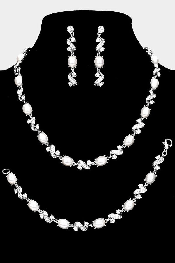 Pearl Accented Rhinestone Necklace Jewelry Set