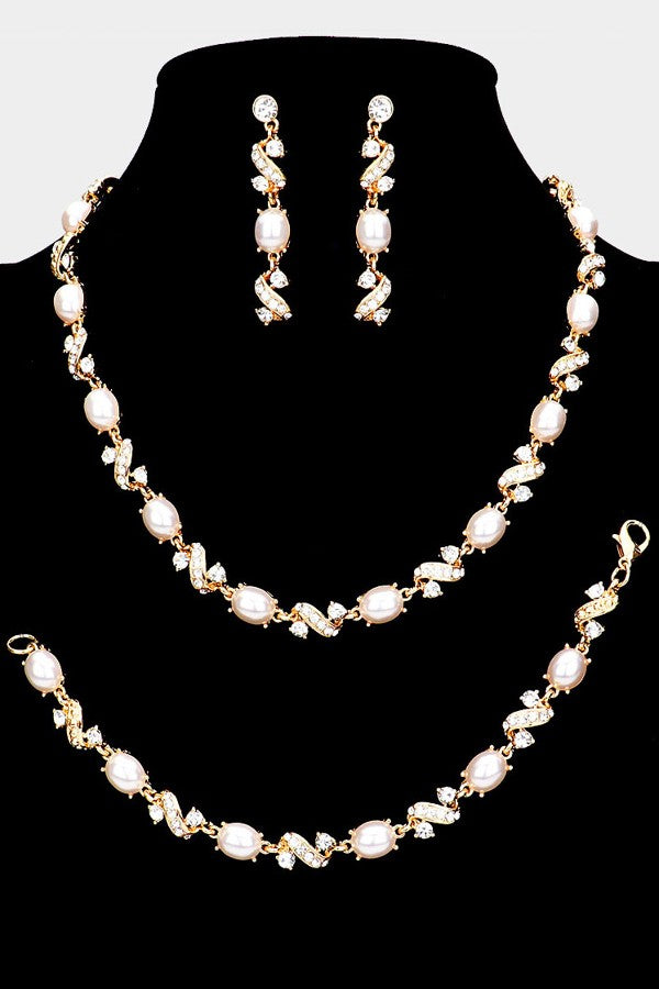 Pearl Accented Rhinestone Necklace Jewelry Set