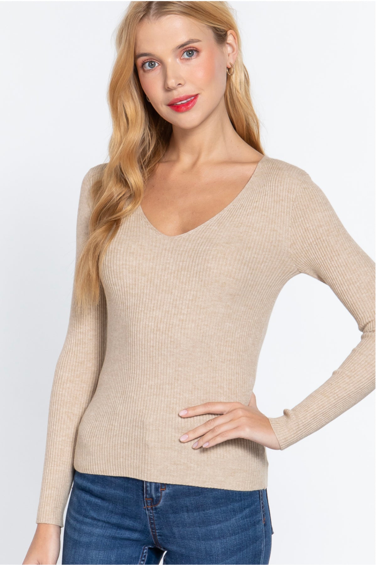 WHITE LONG SLEEVE FITTED VISCOSE. RIB SWEATER TOP