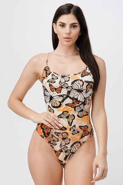 SLEEVELESS BUTTERFLY PRINTED BODYSUIT