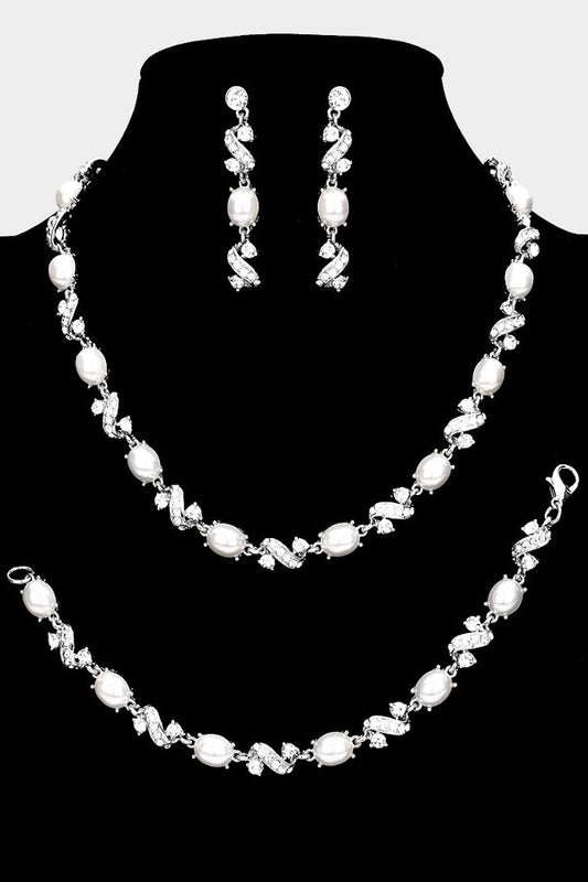 Pearl Accented Rhinestone Necklace Jewelry Set